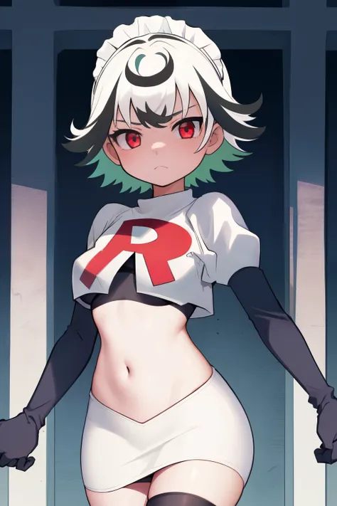1girl, prushka, short hair, multicolored hair, medium breasts, maid headband,  looking at viewer, :, team rocket,team rocket uniform,white skirt,red letter R,crop top,black thigh-highs,black elbow gloves