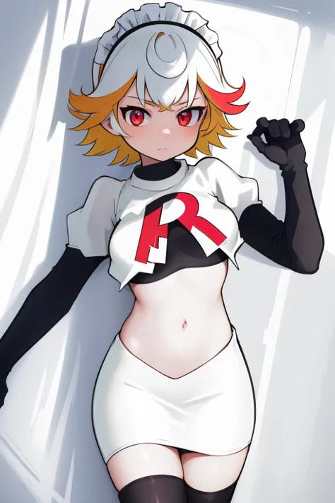 1girl, prushka, short hair, multicolored hair, medium breasts, maid headband,  looking at viewer, :, team rocket,team rocket uniform,white skirt,red letter R,crop top,black thigh-highs,black elbow gloves