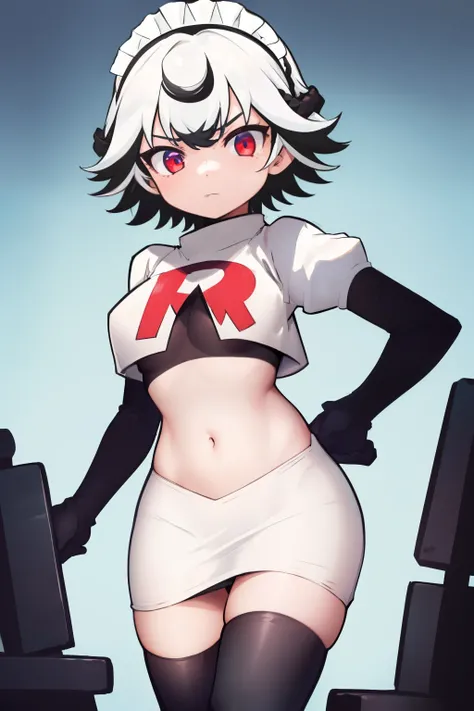 1girl, prushka, short hair, multicolored hair, medium breasts, maid headband,  looking at viewer, :, team rocket,team rocket uniform,white skirt,red letter R,crop top,black thigh-highs,black elbow gloves