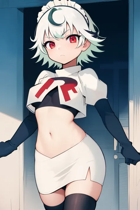 1girl, prushka, short hair, multicolored hair, medium breasts, maid headband,  looking at viewer, :, team rocket,team rocket uniform,white skirt,red letter R,crop top,black thigh-highs,black elbow gloves