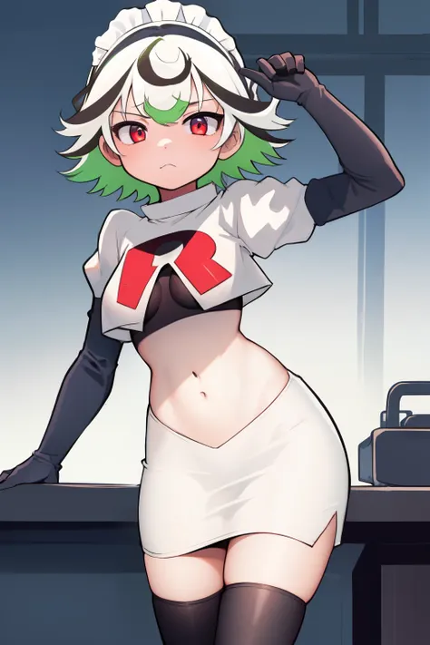 1girl, prushka, short hair, multicolored hair, medium breasts, maid headband,  looking at viewer, :, team rocket,team rocket uniform,white skirt,red letter R,crop top,black thigh-highs,black elbow gloves