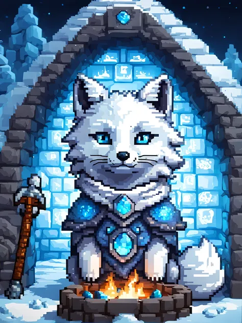 pixel art, a formidable yet endearing arctic fox warrior stands proudly inside a cozy igloo, wearing an intricately designed arm...