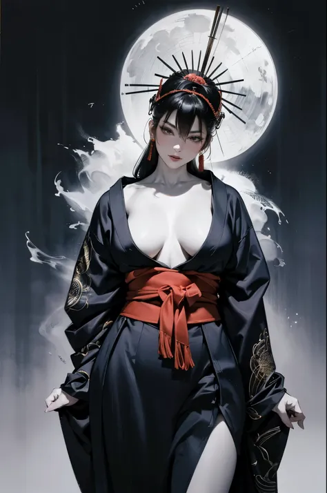 Umalinda warrior sexy, pretty face, Delicious Company, Alluring figure, Wearing a sexy open kimono. The artwork is created in a medium reminiscent of Japanese ink paintings....., Featuring bold brushstrokes and a monochromatic palette. artist&#39;Masterful...