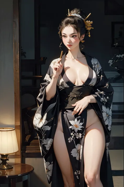 Umalinda warrior sexy, pretty face, Delicious Company, Alluring figure, Wearing a sexy open kimono. The artwork is created in a medium reminiscent of Japanese ink paintings....., Featuring bold brushstrokes and a monochromatic palette. artist&#39;Masterful...