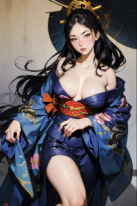 Umalinda warrior sexy, pretty face, Delicious Company, Alluring figure, Wearing a sexy open kimono. The artwork is created in a medium reminiscent of Japanese ink paintings....., Featuring bold brushstrokes and a monochromatic palette. artist&#39;Masterful...