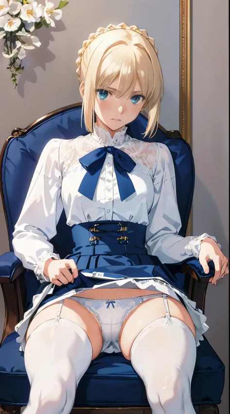 (masterpiece:1.4), (best quality:1.4), realistic, 1girl, artoria pendragon (fate), (((white shirt,denim’s very short tight skirt , embarrassed,upskirt,white lace panties,lift skirt,sitting chair,