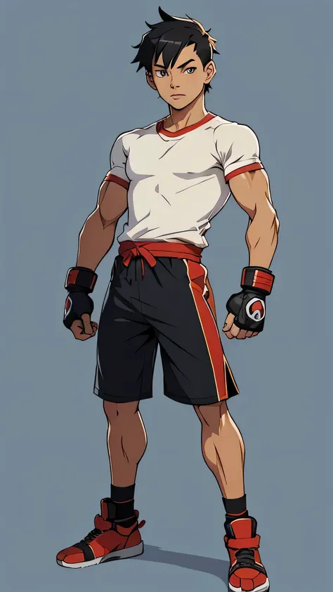 Muay Thai anime boy posing.full body shot. T-shirt. Long shorts. Muay Thai gloves. 