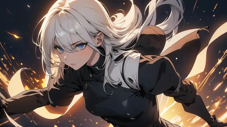 (extremely detailed CG unity 8k wallpaper), (masterpiece), (best quality), (ultra-detailed), (best illustration), (best shadow), (absurdres) ,(detailed eyes), 2b, 1girl, long hair, white hair, solo, Intimidating women, admiral uniform, night, hero pose, wh...