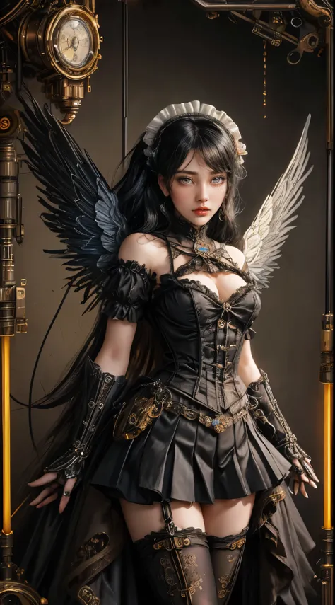 Mechanical doll girl, very cute and very adorable, (((very super realistic))), (((very realistic and accurate eyes))), (((pure white Victorian rococo))), metallic textures, shiny metal, shiny metal-like clothing, gothic and lolita, off the shoulder, (((ver...