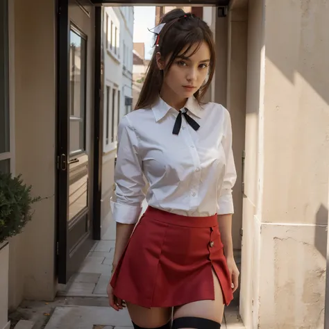 masterpiece, highres, high quality, extremly detailed, red miniskirt, black ribbon, white shirt,