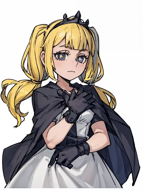 ((a girl，幼小Princess，8 year-old，high twintails，yellow hair，blond，blue pupils，Gray with white dress，)),front,Half body,Princess，cloak，Innocent and adorable，simple，Different world，middle Ages，White background