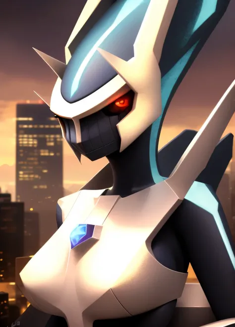 dialga, furry female, anthro, robotic, portrait, solo, (best quality), (detailed urban background:1.2), dramatic lighting, (detailed :1.1), looking at viewer,  