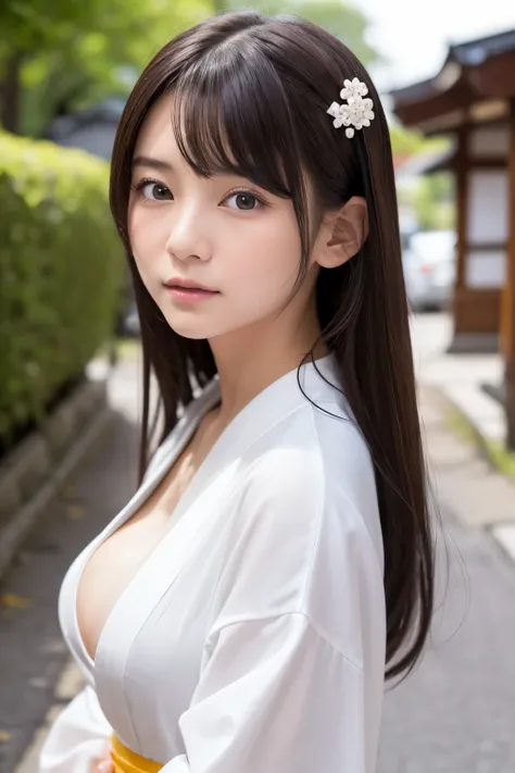 ((highest quality、8K、masterpiece))、sharp focus:1.2、Cute 14 year old girl with perfect figure:1.4、slender abs:1.2、((dark brown hair))、(white button fastened)shirt、jeans:1.1)、street:1.2、Highly detailed face and skin texture、detailed eyes、double eyelid、Close-...