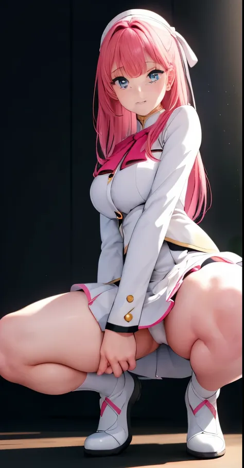 Earth Army、Frey Ulster、 uniform, pink army,white jacket, white uniform,黒いタイトmini skirt、mini skirt,
whiteパンティ、_have,squatting in front、spread legs、show white panties,
前hair,red_hair, length_hair,blue eyes,a White bow in her hair,
1 girl, 20 years,young woma...