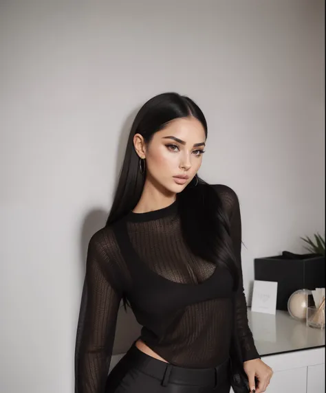 araffed woman in a black top and black pants posing for a picture, long black hair, olivia culpo, sexy outfit, sexy look, black top, portrait sophie mudd, violet myers, clear portrait of demi rose, black sweater, black outfit skintight black clothes, weari...