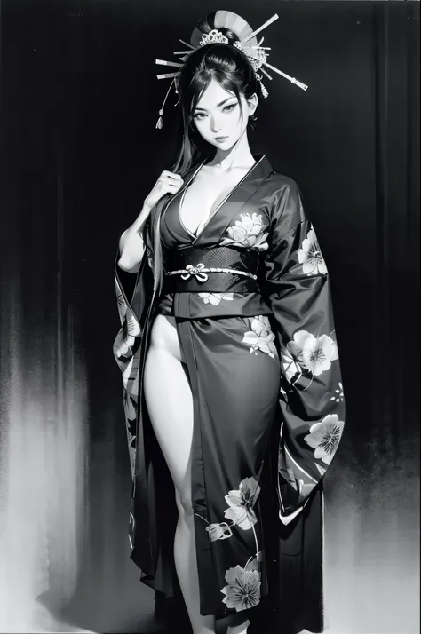 Umalinda warrior sexy, pretty face, Delicious Company, Alluring figure, Wearing a sexy open kimono. The artwork is created in a medium reminiscent of Japanese ink paintings....., 具有大胆的笔触和Monochromatic color palette. artist&#39;Masterful technique reveals t...