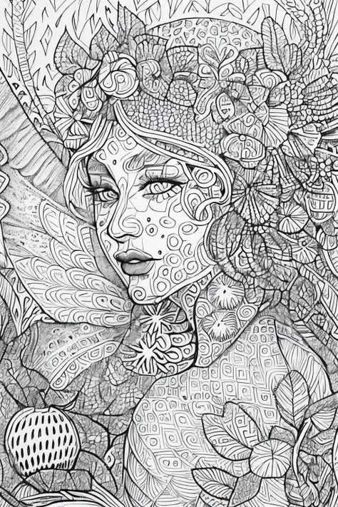 (A black and white coloring book:1.5),( absurd, high quality, super detailed, masterpiece, concept art, Smooth, highly detailed artワーク, super realistic painting ) , small , Strawberry girl, strawberry, cute, whole body, romantic, Brilliant, dream-like, fan...