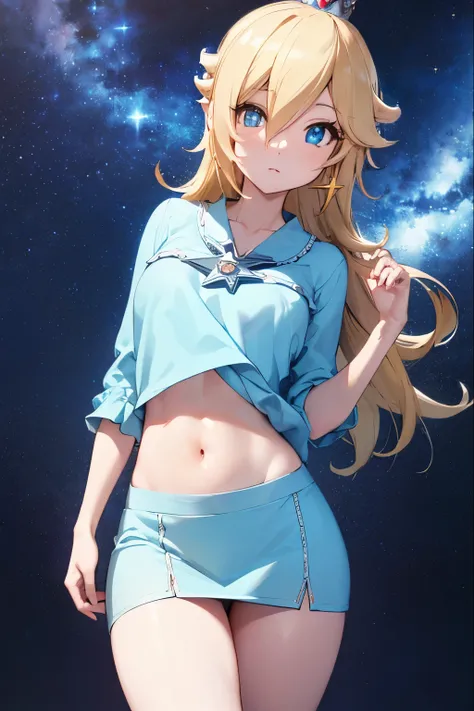 Rosalina, Blonde hair, blue eyes, hair over one eye, long hair, small breasts, micro skirt, light blue miniskirt, lower part of the breasts exposed, blouse lifted showing part of the breasts, belly exposed, crown, earrings, jewelry , princess, star earring...