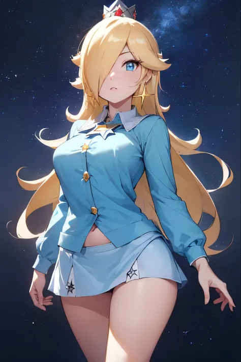 rosalina, blonde hair, blue eyes, hair over one eye, long hair, small breasts, micro skirt, light blue miniskirt, lower part of ...