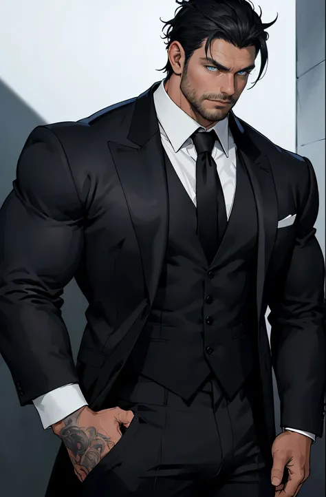 Solo, standing, muscular man, best quality, ultra-detailed portrait, mafia boss, slightly messy short black hair with stubble, piercing blue eyes, tanned skin bearing scars on neck, large bulge in pants, intricately designed tattoos emphasizing biceps and ...