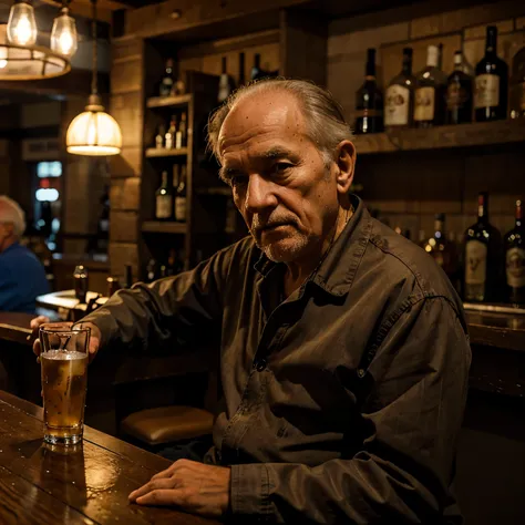 One Old alcoholic men sitting in the bar ,low light, drinking alcohol,bar area in the background,