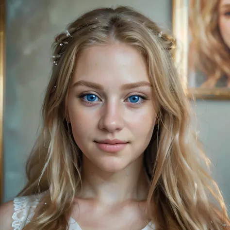 (best quality,4k,8k,highres,masterpiece:1.2),ultra-detailed,(realistic,photorealistic,photo-realistic:1.37),portrait,blonde hair,beautiful detailed blue eyes,long flowing hair,intense gaze,warm smile,vibrant colors,soft lighting,fine brush strokes,emotiona...