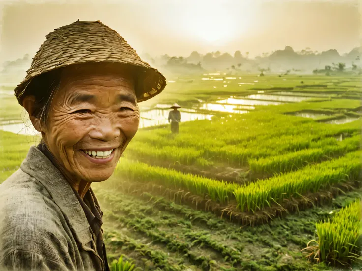 double exposure photography, chinese old rice farmer smiling, second exposure - misty rice fields in the morning light, (double ...