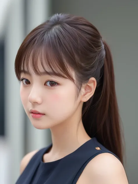 ((cute日本の女の子、beautiful japanese girl、1 girl、19 years old、ponytail、Highly detailed face and skin texture、super detailed face、highly detailed eyes、Lee Hong、blush、close-up of woman、front、 from the neck up、cute、Highly detailed face and skin texture、smooth whit...