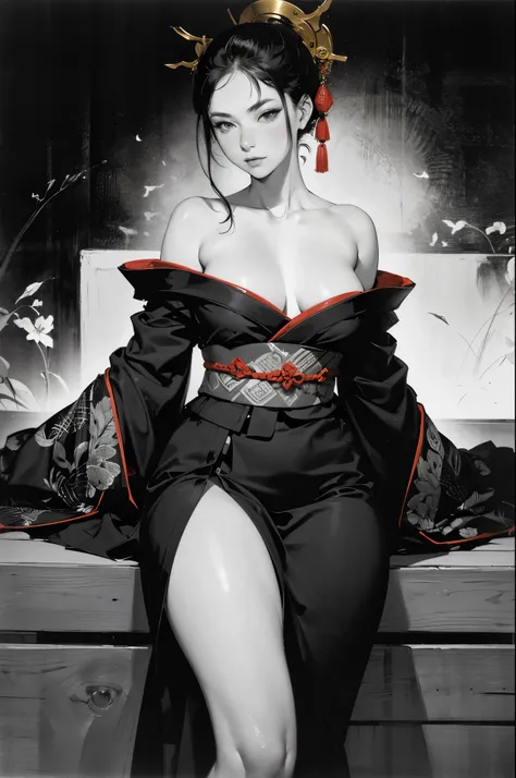 Umalinda warrior sexy, pretty face, Delicious Company, Alluring figure, Wearing a sexy open kimono. The artwork is created in a medium reminiscent of Japanese ink paintings....., 具有大胆的笔触和Monochromatic color palette. artist&#39;Masterful technique reveals t...