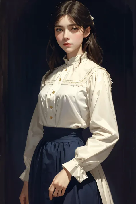 (Sargent style watercolor)、(highest quality、masterpiece)、1 girl, realistic, Are standing, photograph, nice, feminine, photographrealism, Cute blouse, dark background, oil, masterpiece, diffused soft film lighting, portrait, highest quality (perfect face:1....