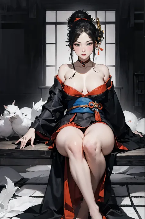 Umalinda warrior sexy, pretty face, Delicious Company, Alluring figure, Wearing a sexy open kimono. The artwork is created in a medium reminiscent of Japanese ink paintings....., 具有大胆的笔触和Monochromatic color palette. artist&#39;Masterful technique reveals t...