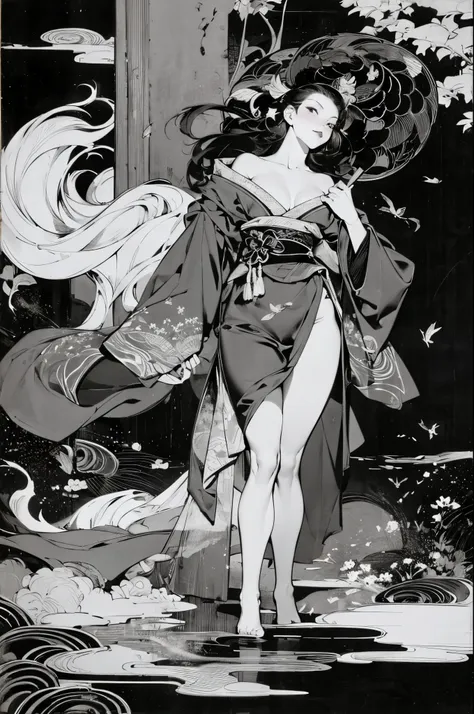 Umalinda warrior sexy, pretty face, Delicious Company, Alluring figure, Wearing a sexy open kimono. The artwork is created in a medium reminiscent of Japanese ink paintings....., 具有大胆的笔触和Monochromatic color palette. artist&#39;Masterful technique reveals t...