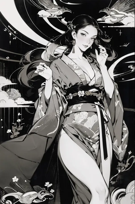 Umalinda warrior sexy, pretty face, Delicious Company, Alluring figure, Wearing a sexy open kimono. The artwork is created in a medium reminiscent of Japanese ink paintings....., 具有大胆的笔触和Monochromatic color palette. artist&#39;Masterful technique reveals t...