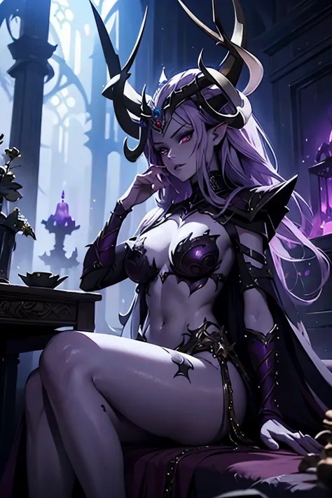 beautiful alluring female drow knight, she is wearing an ornated horned crown, mythology theme, fantasy theme, purple skin, fair...