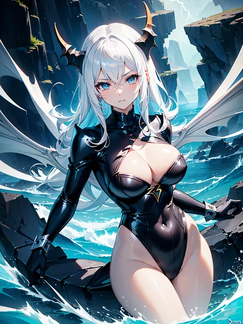 dragon girl , sea background, (girl is a dark knight, gray hair, lightning blue element.) ,( Drago, blue sea Dragon, have four wings Dragon, ) epic visual effects, Ultra HD, Quality color is so perfect, sexy중년여성 , alone , big bust , wide hips, sexy