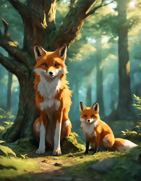 anime forest guard scene, ancient tree, animals show respect, serene aura, cute fox