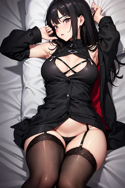 Sexy Lingerie，triangle　Garters　knee high　　they are not black　Colorcon armpit sweat　sweat　both sides of hands,black jacket,gaze,plump breasts,腋下sweat,Show armpits"tight clothes、cuff、Wristbands　Lying in bed，Raise your hand　Vest　small breasts