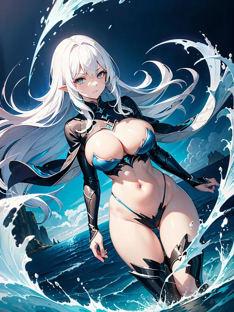 dragon girl , sea background, (girl is a dark knight, gray hair, lightning blue element.)  blue sea dragon, epic visual effects, Ultra HD, Quality color is so perfect, sexy중년여성 , alone , big bust , wide hips, sexy , dragon tail, Dragons Wings