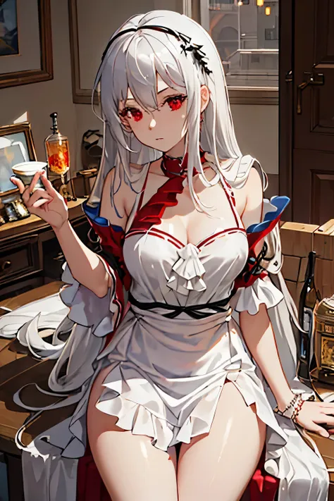 8k, masterpiece, highly detailed, high-quality, masterpiece, 1 woman, white hair, red eyes, maid dress, human, in noble house, e...