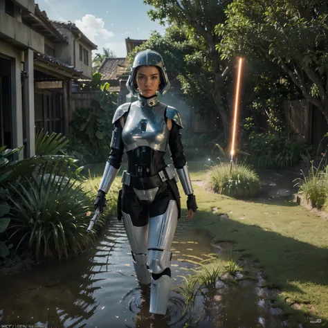 (Complex scene)(Multiple subjects) A (sexy lightsaber wielding Jedi( battles (Imperial Storm Troopers) in a Rice Paddy, Setting Star Wars (best quality,4k,8k,highres,masterpiece:1.2),ultra-detailed,(realistic,photorealistic,photo-realistic:1.37), HDR, UHD,...