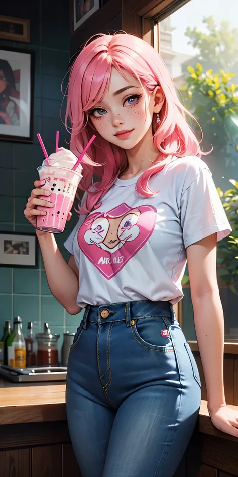 anipoma1,(masterpiece, best illustration, best manga), solo, 1girl, violet eyes, (shiny skin, soft hair), (holding a milkshake), freckles, (bright pink two tone hair:1.3), (wearing a led zepplin tshirt, denim jeans), (extreme light and shadow, volumetric l...