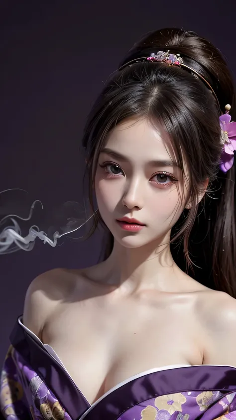 (8k, highest quality, High resolution, masterpiece :1.3, RAW photo), ((Accurately express details such as faces and skin textures)), ((purple background)), Oiran, gorgeous kimono, hairpin, bewitching look, chest, Smoke Tube,