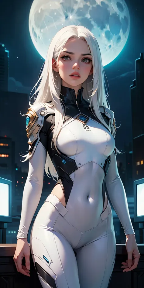 masterpiece, highest quality, (solo focus), (perfect face:1.1), (high detail:1.1),dramatic, 1guy, (pale skin), long white hair, white eyes, solo, long hair, moon, night, white luxury suit, covered navel, pouty lips, covered, futuristic city, detailed backg...