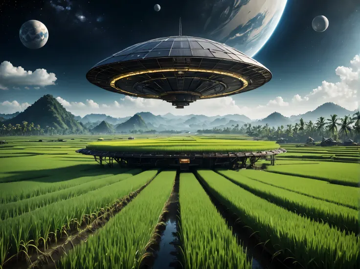 Science fiction Photo or frame and Science fiction with the image of a space platform flying in outer space with an energy dome, the space platform is described in detail, beautiful rice fields with details on the platform, rice fields are described in det...