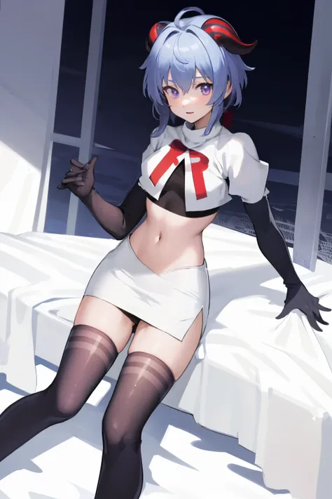 ganyudef, violet eyes,short hair, light blue hair, horns on head, neck bell,team rocket,team rocket uniform, red letter R, white skirt,white crop top,black thigh-highs,black elbow gloves