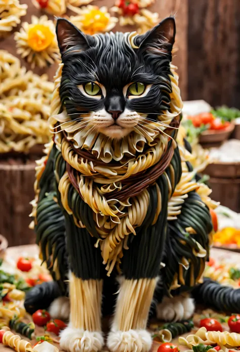 black cat、cats are made of noodles, (((noodle cat:1.4))) フルnoodlesボディ, (cat face:1.4), beautiful cat, (highest quality:1.4), mas...