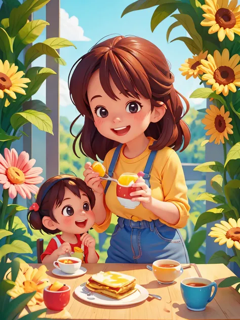 Mom and cute little girl having breakfast together，happy，smiling，Pixar style, best quality, stills,