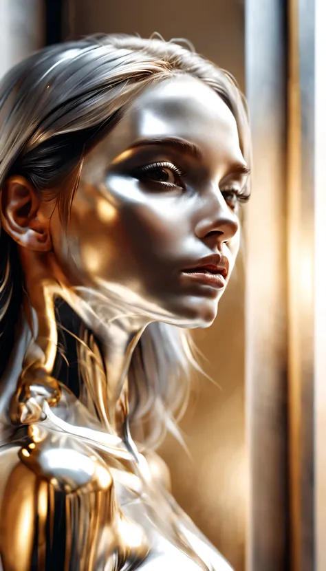 silver face、detailed shot of a realistic girl&#39;profile, silver skin、highly polished silver eyed, platinum and gold, beautiful...