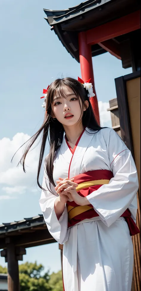 {{there is one standing woman in shrine}},masterpiece,8K,(photo realistic),realistic skin,(very long hair),blush,(shrine maiden,top is (white) yukata,bottom is (red) hakama:1.5), little smile,correct_anatomy,full body,(grabbing straw broom with both hands:...