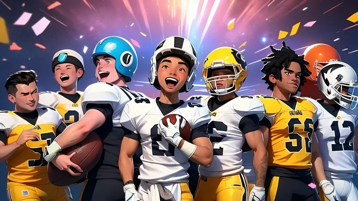 A beautiful bright day for young adults men, (group of young men: white and black boys, going to play football:1.1, comic style, vibrant, full color:1.1,ultra high quality, joyful atmosphere)